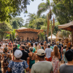 Ilustração editorial de festival cultural ao ar livre em parque de São Paulo, com palco, público, barracas de gastronomia e artesanato regional, sem textos ou logotipos