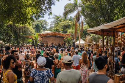 Ilustração editorial de festival cultural ao ar livre em parque de São Paulo, com palco, público, barracas de gastronomia e artesanato regional, sem textos ou logotipos