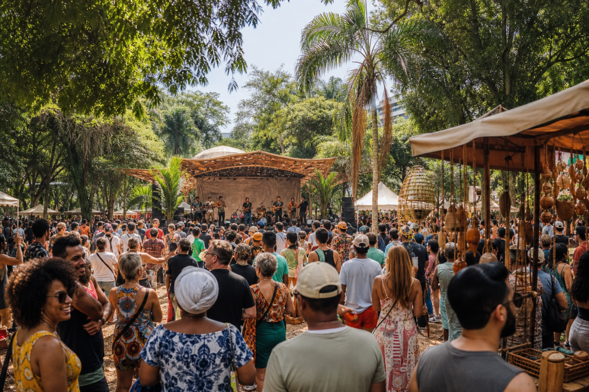 Ilustração editorial de festival cultural ao ar livre em parque de São Paulo, com palco, público, barracas de gastronomia e artesanato regional, sem textos ou logotipos